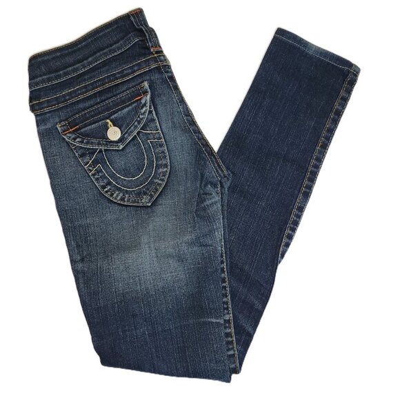 True Religion Skinny Jeans Dark Wash Horseshoe Stitch Pocket Women's Size 25 - Picture 1 of 11